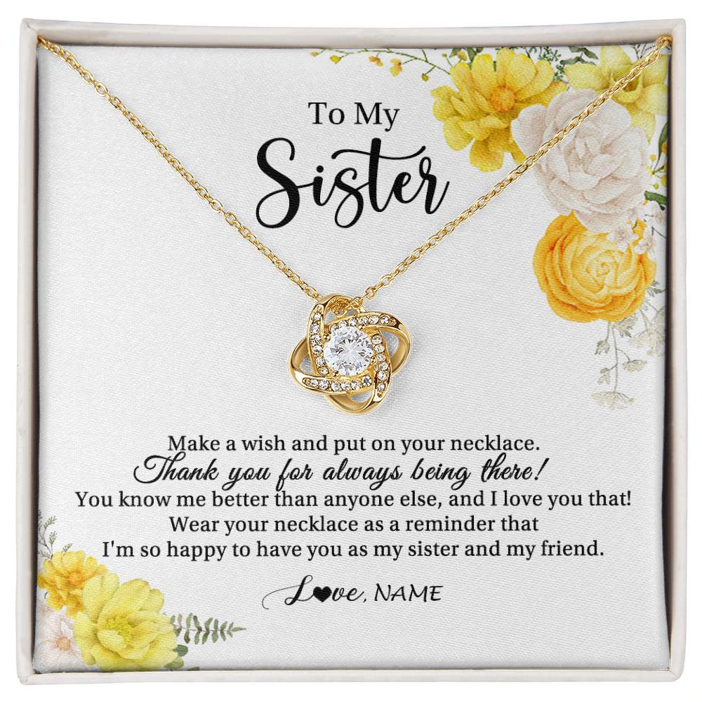 Love Knot Necklace 18K Yellow Gold Finish | Personalized To My Sister Necklace From Sister My Friend Unbiological Sister Soul Sister Birthday Christmas Graduation Jewelry Customized Gift Box Message Card | siriusteestore