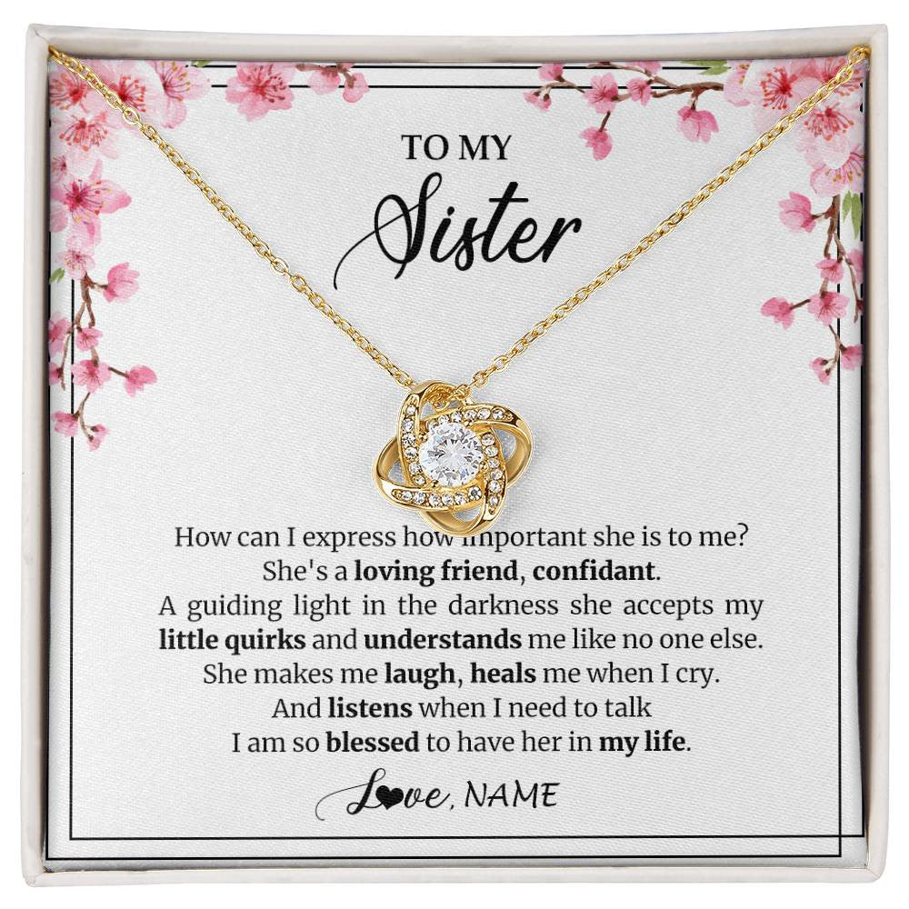 Love Knot Necklace 18K Yellow Gold Finish | 1 | Personalized To My Sister Necklace From Sister She's A Loving Friend Bestie Sister Birthday Graduation Christmas Pendant Customized Gift Box Message Card | siriusteestore