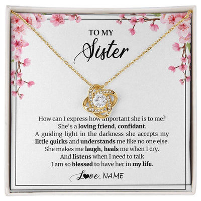 Love Knot Necklace 18K Yellow Gold Finish | 1 | Personalized To My Sister Necklace From Sister She's A Loving Friend Bestie Sister Birthday Graduation Christmas Pendant Customized Gift Box Message Card | siriusteestore