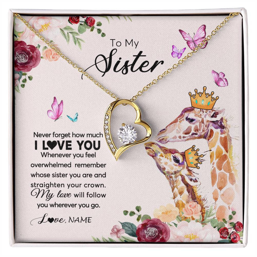 Forever Love Necklace 18K Yellow Gold Finish | Personalized To My Sister Necklace Giraffe Never Forget How Much I Love You Sister Jewelry Birthday Graduation Christmas Customized Gift Box Message Card | siriusteestore