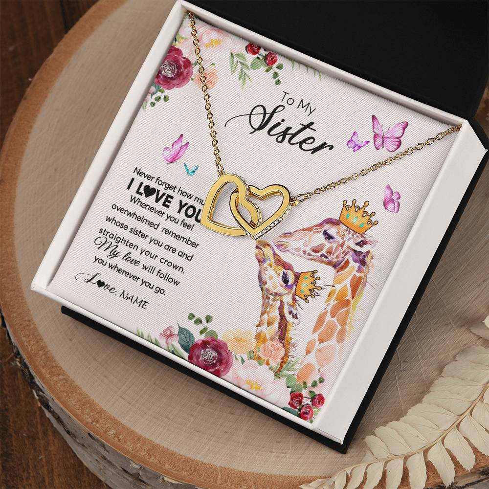 Interlocking Hearts Necklace 18K Yellow Gold Finish | Personalized To My Sister Necklace Giraffe Never Forget How Much I Love You Sister Jewelry Birthday Graduation Christmas Customized Gift Box Message Card | siriusteestore