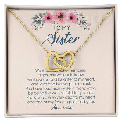Interlocking Hearts Necklace 18K Yellow Gold Finish | Personalized To My Sister Necklace On Her Wedding Day We Share So Many Memories Sister Jewelry Birthday Graduation Christmas Customized Gift Box Message Card | siriusteestore