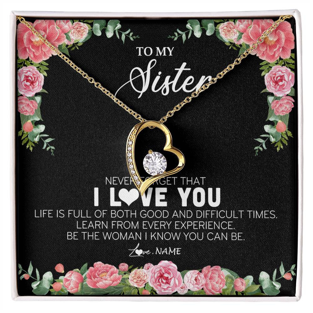 Forever Love Necklace 18K Yellow Gold Finish | Personalized To My Sister Necklace from Brother Sister Never Forget I Love You Floral Jewelry for Sister Birthday Graduation Christmas Customized Message Card | siriusteestore