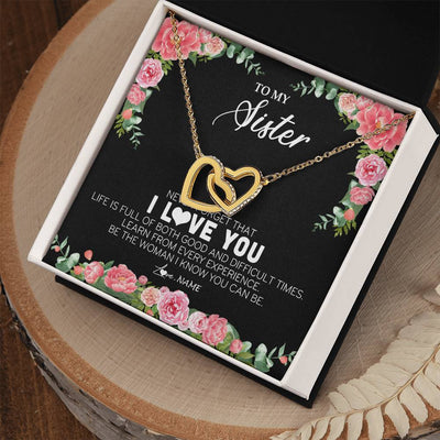 Interlocking Hearts Necklace 18K Yellow Gold Finish | Personalized To My Sister Necklace from Brother Sister Never Forget I Love You Floral Jewelry for Sister Birthday Graduation Christmas Customized Message Card | siriusteestore