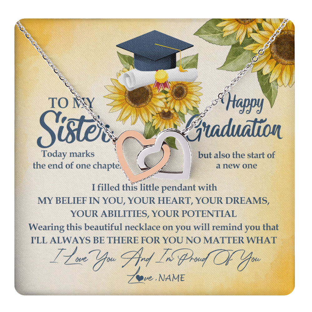 Interlocking Hearts Necklace Stainless Steel & Rose Gold Finish | 1 | Personalized To My Sister On Her Graduation Day Necklace Flower I Love You I'm Proud Of You Class of 2024 Sister Jewelry Customized Gift Box Message Card | siriusteestore