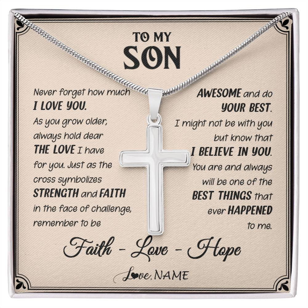 Stainless Cross Necklace Stainless Steel | 1 | Personalized To My Son Cross Necklace From Mom Dad Strength And Faith Son Birthday Gifts Christmas New Year Graduation Customized Gift Box Message Card | siriusteestore
