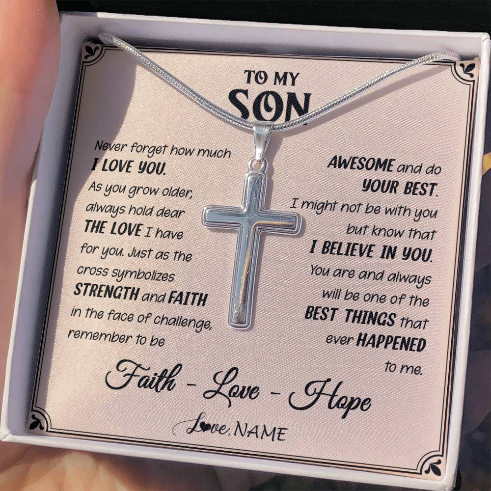 Stainless Cross Necklace Stainless Steel | 2 | Personalized To My Son Cross Necklace From Mom Dad Strength And Faith Son Birthday Gifts Christmas New Year Graduation Customized Gift Box Message Card | siriusteestore