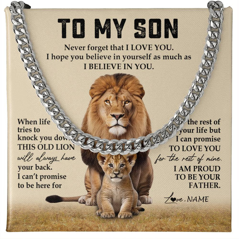 Cuban Link Chain Necklace Stainless Steel | 1 | Personalized To My Son Cuban Necklace From Dad Father Never Forget That I Love You Lion Son Birthday Graduation Christmas Customized Gift Box Message Card | siriusteestore