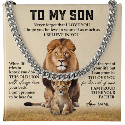 Cuban Link Chain Necklace Stainless Steel | 1 | Personalized To My Son Cuban Necklace From Dad Father Never Forget That I Love You Lion Son Birthday Graduation Christmas Customized Gift Box Message Card | siriusteestore
