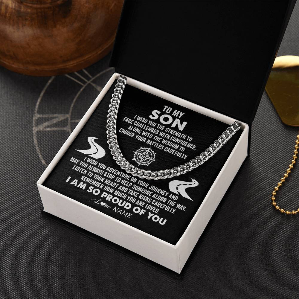 Cuban Link Chain Necklace Stainless Steel | Personalized To My Son Cuban Necklace From Mom Dad Father I Wish You The Strength Son Birthday Graduation Inspirational Customized Gift Box Message Card | siriusteestore