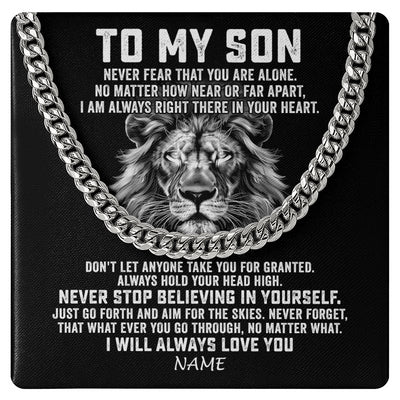 Cuban Link Chain Necklace Stainless Steel | 1 | Personalized To My Son Cuban Necklace From Mom Dad Mother Father Never Fear That You Are Alone Lion Son Birthday Christmas Customized Gift Box Message Card | siriusteestore