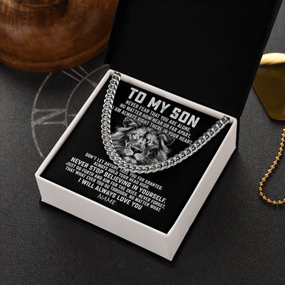 Cuban Link Chain Necklace Stainless Steel | 2 | Personalized To My Son Cuban Necklace From Mom Dad Mother Father Never Fear That You Are Alone Lion Son Birthday Christmas Customized Gift Box Message Card | siriusteestore