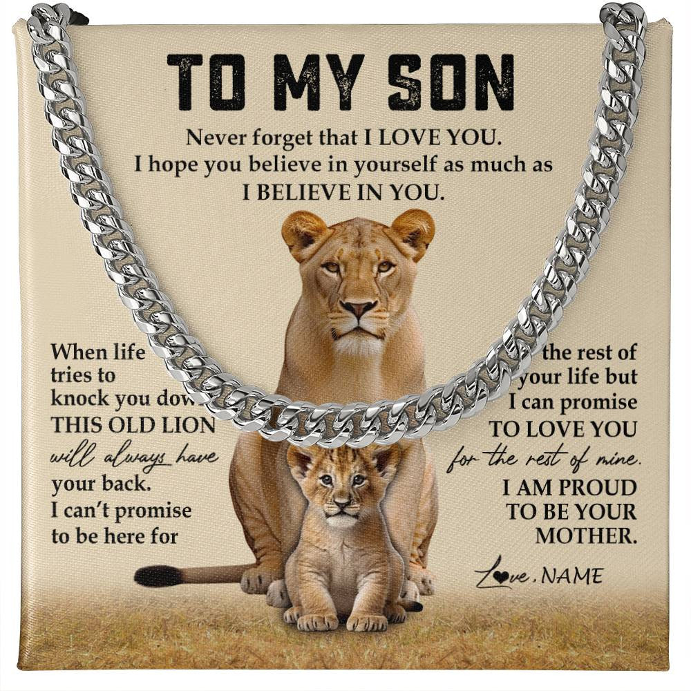 Cuban Link Chain Necklace Stainless Steel | 1 | Personalized To My Son Cuban Necklace From Mom Fahter Never Forget That I Love You Lion Son Birthday Graduation Christmas Customized Gift Box Message Card | siriusteestore