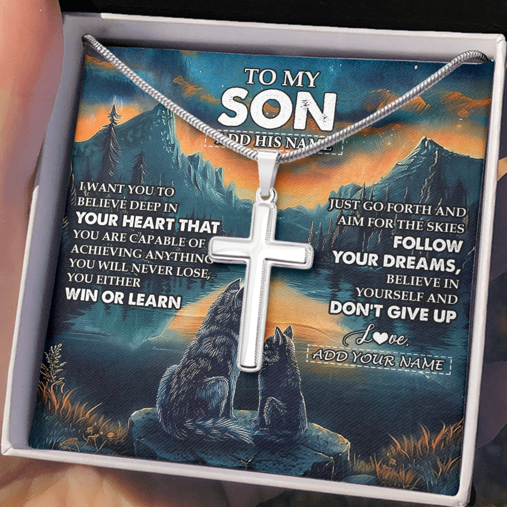 Stainless Cross Necklace Stainless Steel | 2 | Personalized To My Son Gifts From Mom Dad Mother Father Necklace Don't Give Up Wolf Gifts For Son Birthday Graduation Christmas Custom Gift Box Message Card | siriusteestore