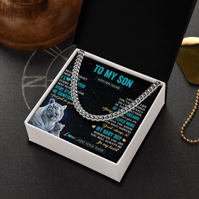 Cuban Link Chain Necklace Stainless Steel | 2 | Personalized To My Son Gifts From Mom Dad Necklace White Tiger Never Forget How Much I Love You Son Birthday Graduation Christmas Gift Box Message Card | siriusteestore.myshopify