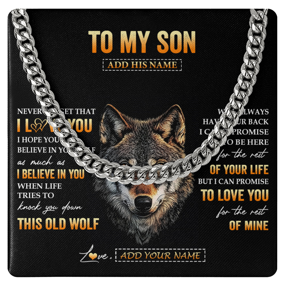 Cuban Link Chain Necklace Stainless Steel | 1 | Personalized To My Son Gifts From Mom Mother Dad Father Necklace Old Wolf Love You Son Birthday Gifts Graduation Christmas Customized Gift Box Message Card | siriusteestore