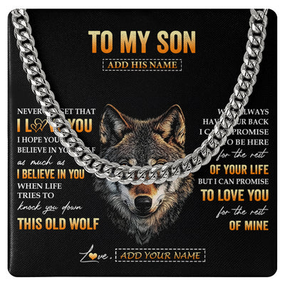Cuban Link Chain Necklace Stainless Steel | 1 | Personalized To My Son Gifts From Mom Mother Dad Father Necklace Old Wolf Love You Son Birthday Gifts Graduation Christmas Customized Gift Box Message Card | siriusteestore