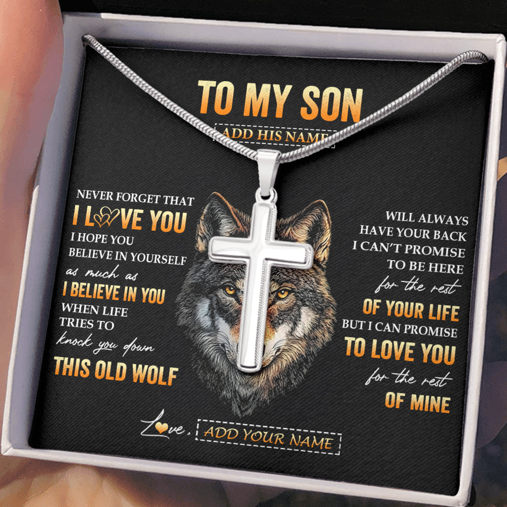 Stainless Cross Necklace Stainless Steel | 2 | Personalized To My Son Gifts From Mom Mother Dad Father Necklace Old Wolf Love You Son Birthday Gifts Graduation Christmas Customized Gift Box Message Card | siriusteestore