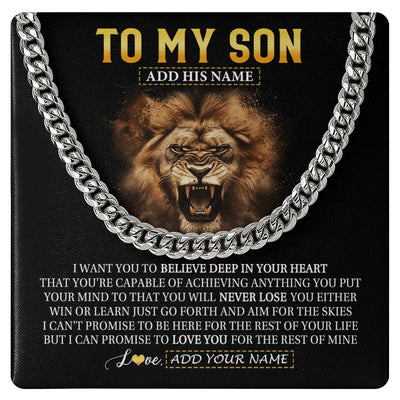 Cuban Link Chain Necklace Stainless Steel | 1 | Personalized To My Son Gifts Necklace From Dad Mom Father Believe In Your Heart Lion Son Birthday Gifts Graduation Christmas Custom Gift Box Message Card | https://siriusteestore.