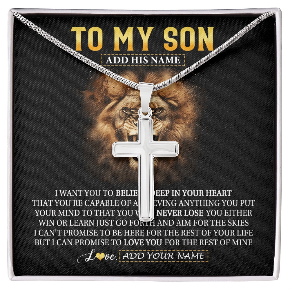 Stainless Cross Necklace Stainless Steel | 1 | Personalized To My Son Gifts Necklace From Dad Mom Father Believe In Your Heart Lion Son Birthday Gifts Graduation Christmas Custom Gift Box Message Card | https://siriusteestore.
