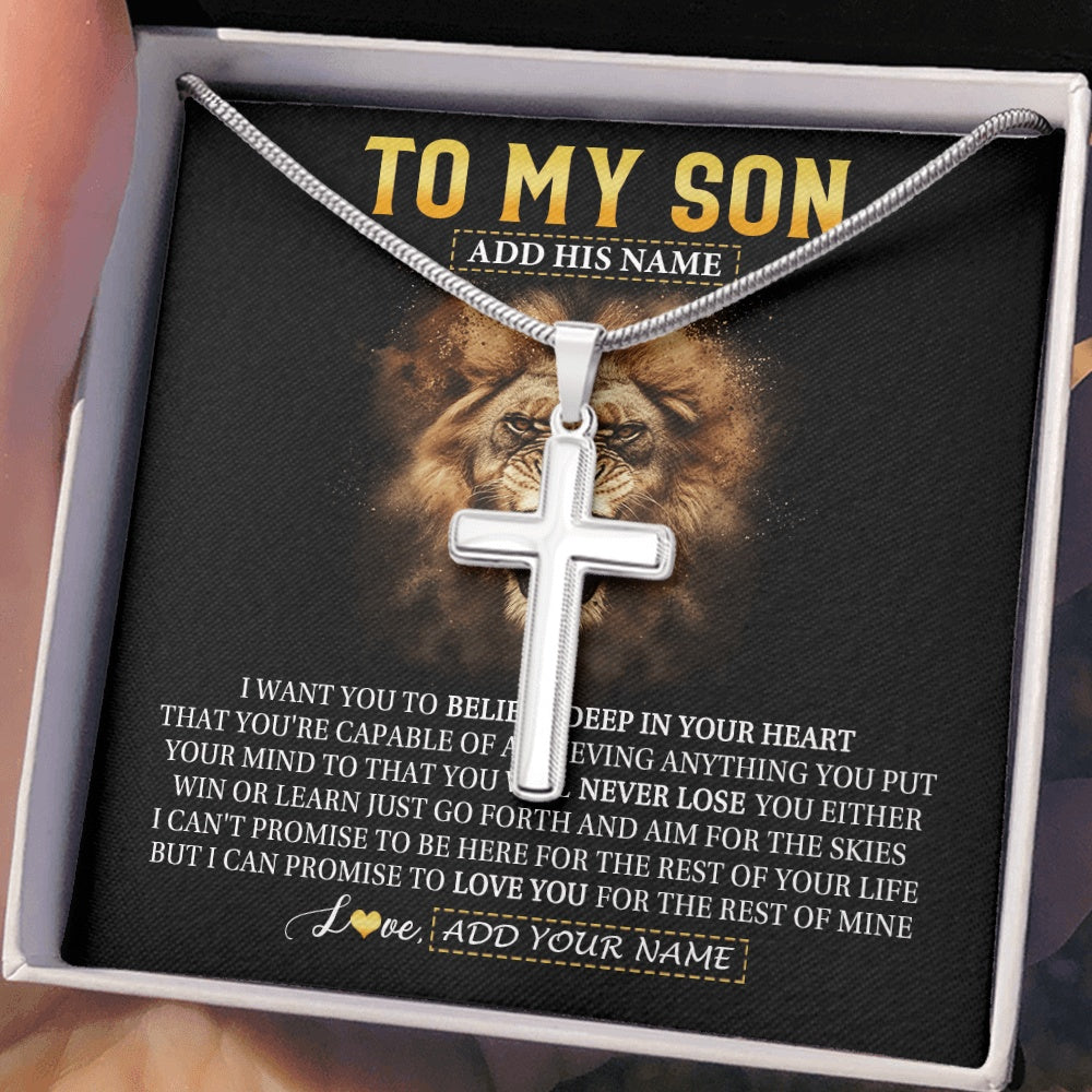 Stainless Cross Necklace Stainless Steel | 2 | Personalized To My Son Gifts Necklace From Dad Mom Father Believe In Your Heart Lion Son Birthday Gifts Graduation Christmas Custom Gift Box Message Card | https://siriusteestore.