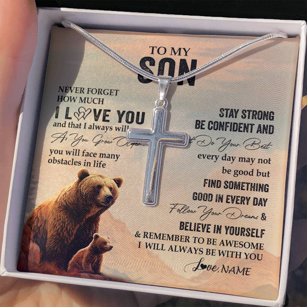Stainless Cross Necklace Stainless Steel | 2 | Personalized To My Son I Love You Forever Necklace From Mom Dad Mother Father Bear Son Birthday Gifts Graduation Christmas Customized Gift Box Message Card | siriusteestore