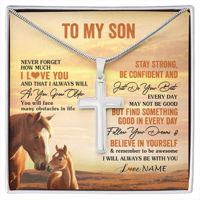Stainless Cross Necklace Stainless Steel | 1 | Personalized To My Son I Love You Forever Necklace From Mom Dad Mother Father Horse Son Birthday Gifts Graduation Christmas Customized Gift Box Message Card | siriusteestore