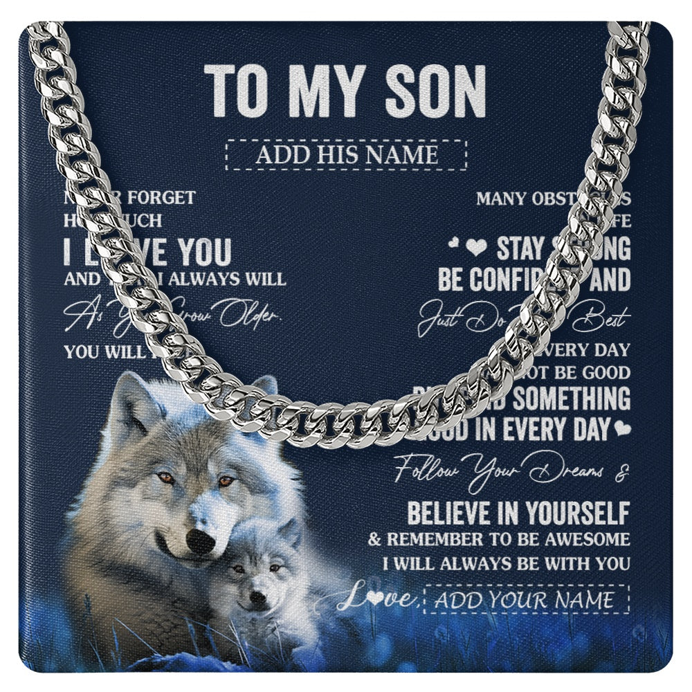 Cuban Link Chain Necklace Stainless Steel | 1 | Personalized To My Son I Love You Forever Necklace From Mom Dad Mother Father Wolf Son Birthday Gifts Graduation Christmas Customized Gift Box Message Card | siriusteestore.myshopify