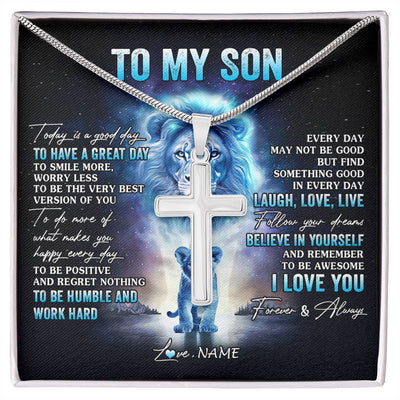 Stainless Cross Necklace Stainless Steel | 1 | Personalized To My Son Lion Necklace From Dad Father Every Day Laugh Love Live Son Birthday Graduation Christmas Jewelry Customized Gift Box Message Card | siriusteestore