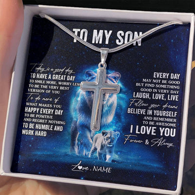 Stainless Cross Necklace Stainless Steel | 2 | Personalized To My Son Lion Necklace From Dad Father Today Is A Good Day Son Gifts Birthday Graduation Christmas Customized Gift Box Message Card | siriusteestore