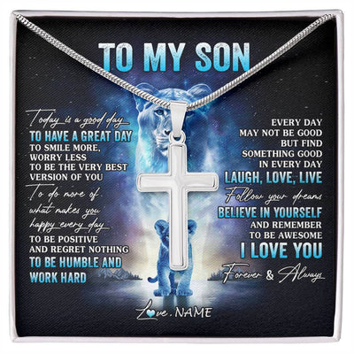 Stainless Cross Necklace Stainless Steel | 1 | Personalized To My Son Lion Necklace From Mom Mother Every Day Laugh Love Live Son Birthday Graduation Christmas Jewelry Customized Gift Box Message Card | siriusteestore