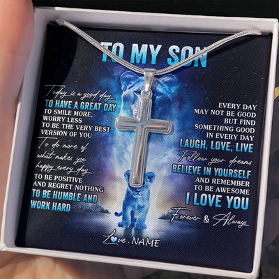 Stainless Cross Necklace Stainless Steel | 2 | Personalized To My Son Lion Necklace From Mom Mother Every Day Laugh Love Live Son Birthday Graduation Christmas Jewelry Customized Gift Box Message Card | siriusteestore