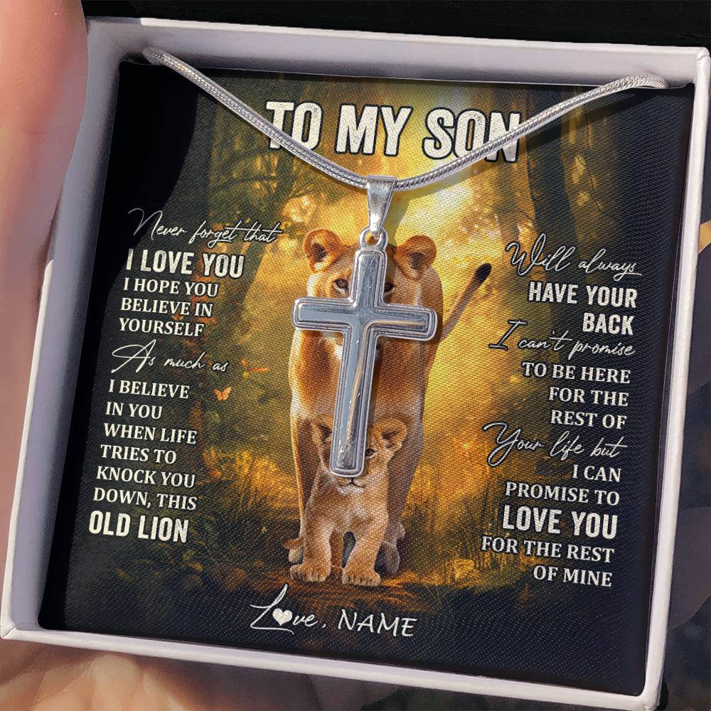 Stainless Cross Necklace Stainless Steel | 2 | Personalized To My Son Lion Necklace From Mom Mother Never Forget That I Love You Son Birthday Gifts Graduation Christmas Customized Gift Box Message Card | siriusteestore