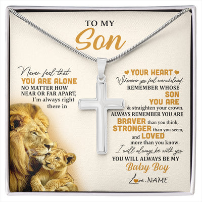 Stainless Cross Necklace Stainless Steel | 1 | Personalized To My Son Necklace From Dad Father Lion Never Feel That You Are Alone Great Son Birthday Christmas Customized Gift Box Message Card | siriusteestore