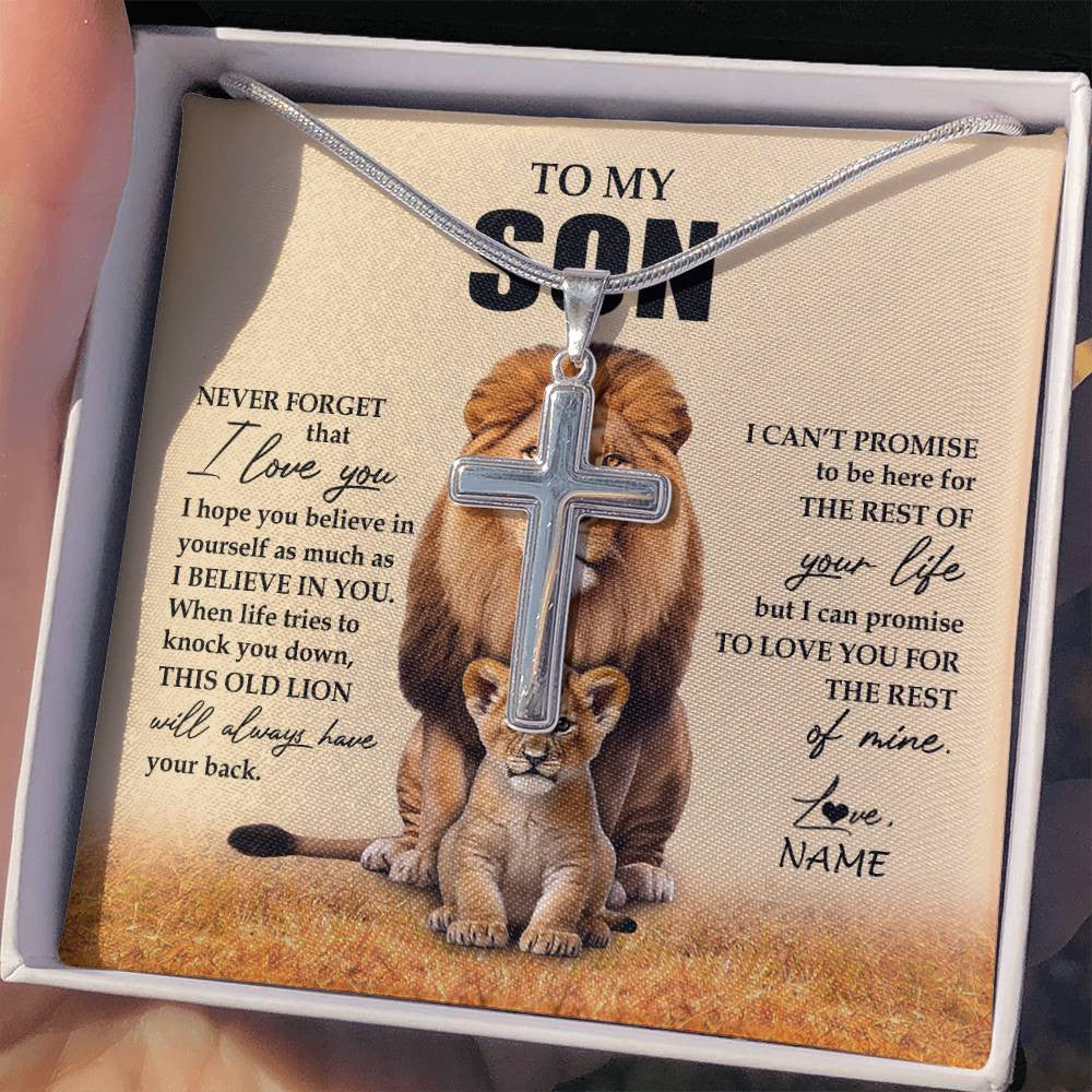 Stainless Cross Necklace Stainless Steel | 2 | Personalized To My Son Necklace From Dad Father Lion Never Forget That I Love You Daughter Son Birthday Graduation Christmas Customized Message Card | siriusteestore