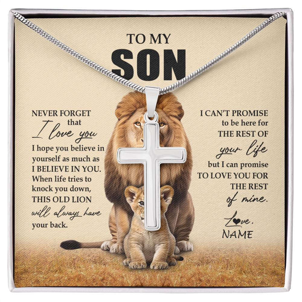 Stainless Cross Necklace Stainless Steel | 1 | Personalized To My Son Necklace From Dad Father Lion Never Forget That I Love You Daughter Son Birthday Graduation Christmas Customized Message Card | siriusteestore