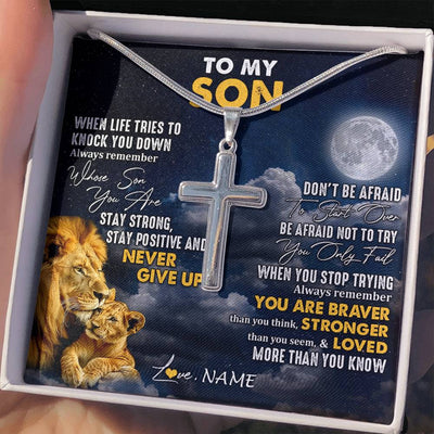 Stainless Cross Necklace Stainless Steel | 2 | Personalized To My Son Necklace From Dad Father Lion Never Give Up Son Birthday Graduation Christmas Jewelry Customized Gift Box Message Card | siriusteestore