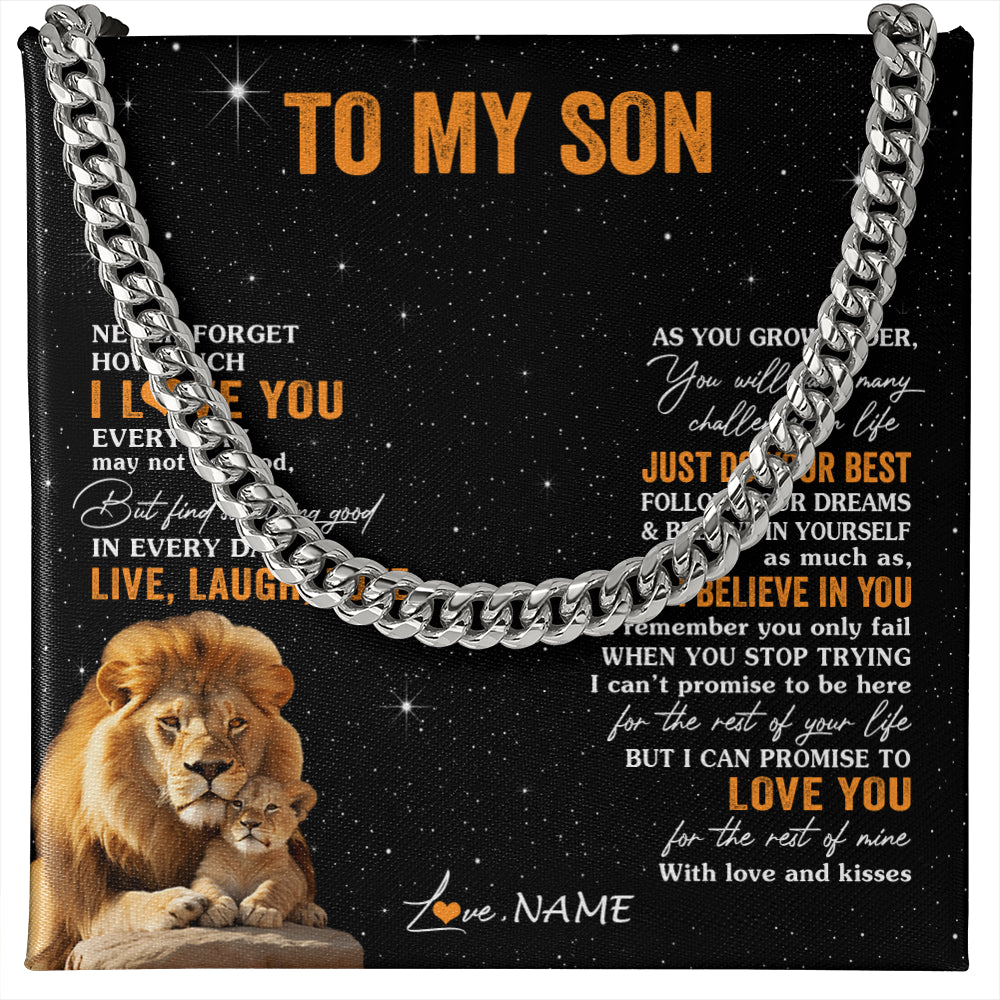 Cuban Link Chain Necklace Stainless Steel | 1 | Personalized To My Son Necklace From Dad Father Live Laugh Love Lion Son Birthday Gifts Positive Graduation Christmas Customized Gift Box Message Card | siriusteestore