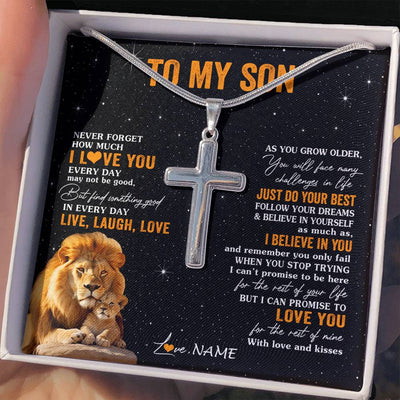 Stainless Cross Necklace Stainless Steel | 2 | Personalized To My Son Necklace From Dad Father Live Laugh Love Lion Son Birthday Gifts Positive Graduation Christmas Customized Gift Box Message Card | siriusteestore