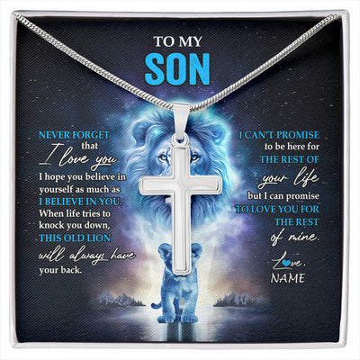 Stainless Cross Necklace Stainless Steel | 1 | Personalized To My Son Necklace From Dad Father Never Forget I Love You Lion Son Jewelry Birthday Graduation Christmas Customized Message Card | siriusteestore