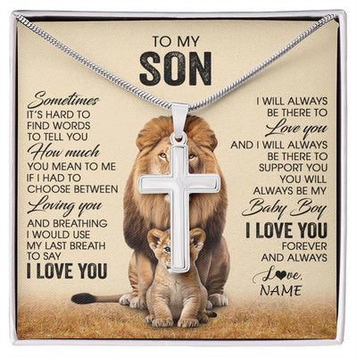 Stainless Cross Necklace Stainless Steel | 1 | Personalized To My Son Necklace From Dad Father Sometimes It's Hard Lion Son Gift Birthday Jewelry Graduation Christmas Customized Gift Box Message Card | siriusteestore