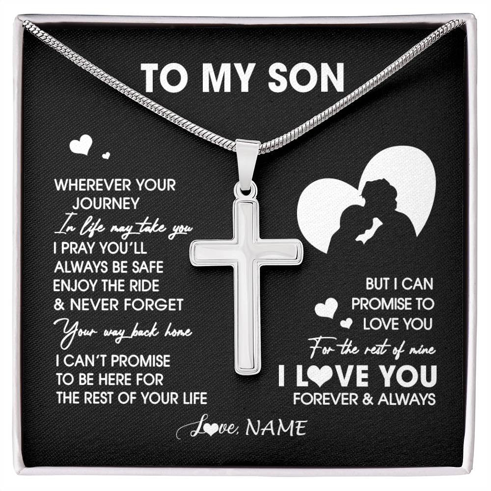 Stainless Cross Necklace Stainless Steel | 1 | Personalized To My Son Necklace From Dad Father Wherever Your Journey Son Birthday Gifts Jewelry Graduation Christmas Customized Gift Box Message Card | siriusteestore