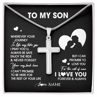 Stainless Cross Necklace Stainless Steel | 1 | Personalized To My Son Necklace From Dad Father Wherever Your Journey Son Birthday Gifts Jewelry Graduation Christmas Customized Gift Box Message Card | siriusteestore