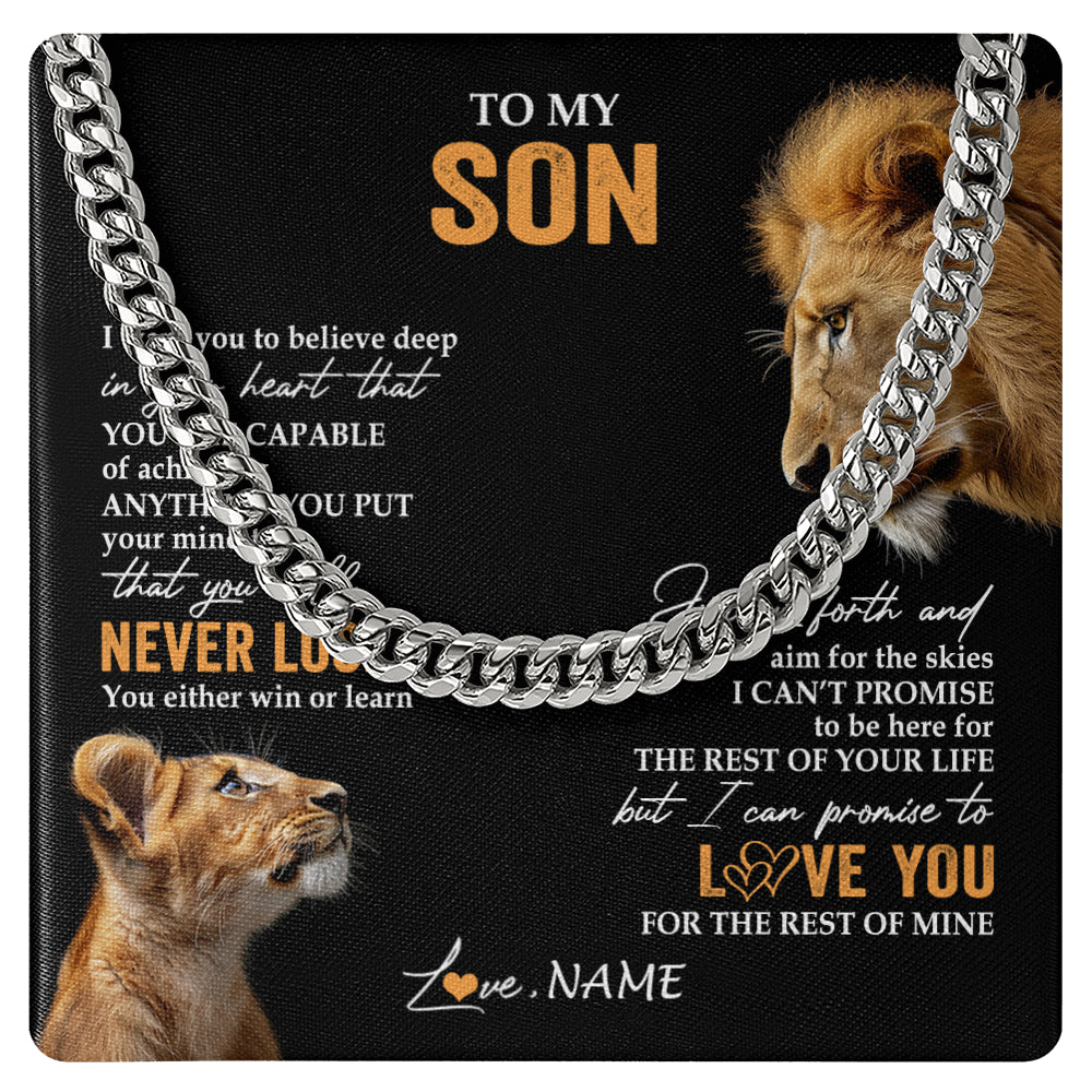 Cuban Link Chain Necklace Stainless Steel | 1 | Personalized To My Son Necklace From Dad Father You Will Never Lose Lion Son Birthday Gifts Graduation Christmas Customized Gift Box Message Card | siriusteestore