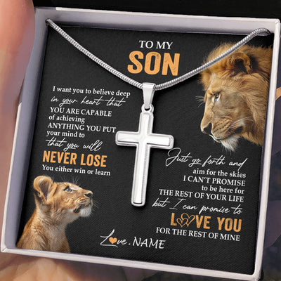 Stainless Cross Necklace Stainless Steel | 2 | Personalized To My Son Necklace From Dad Father You Will Never Lose Lion Son Birthday Gifts Graduation Christmas Customized Gift Box Message Card | siriusteestore