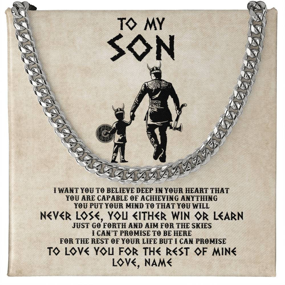 Cuban Link Chain Necklace Stainless Steel | 1 | Personalized To My Son Necklace From Dad Father You Will Never Lose Viking Son Birthday Graduation Valentines Christmas Customized Gift Box Message Card | siriusteestore