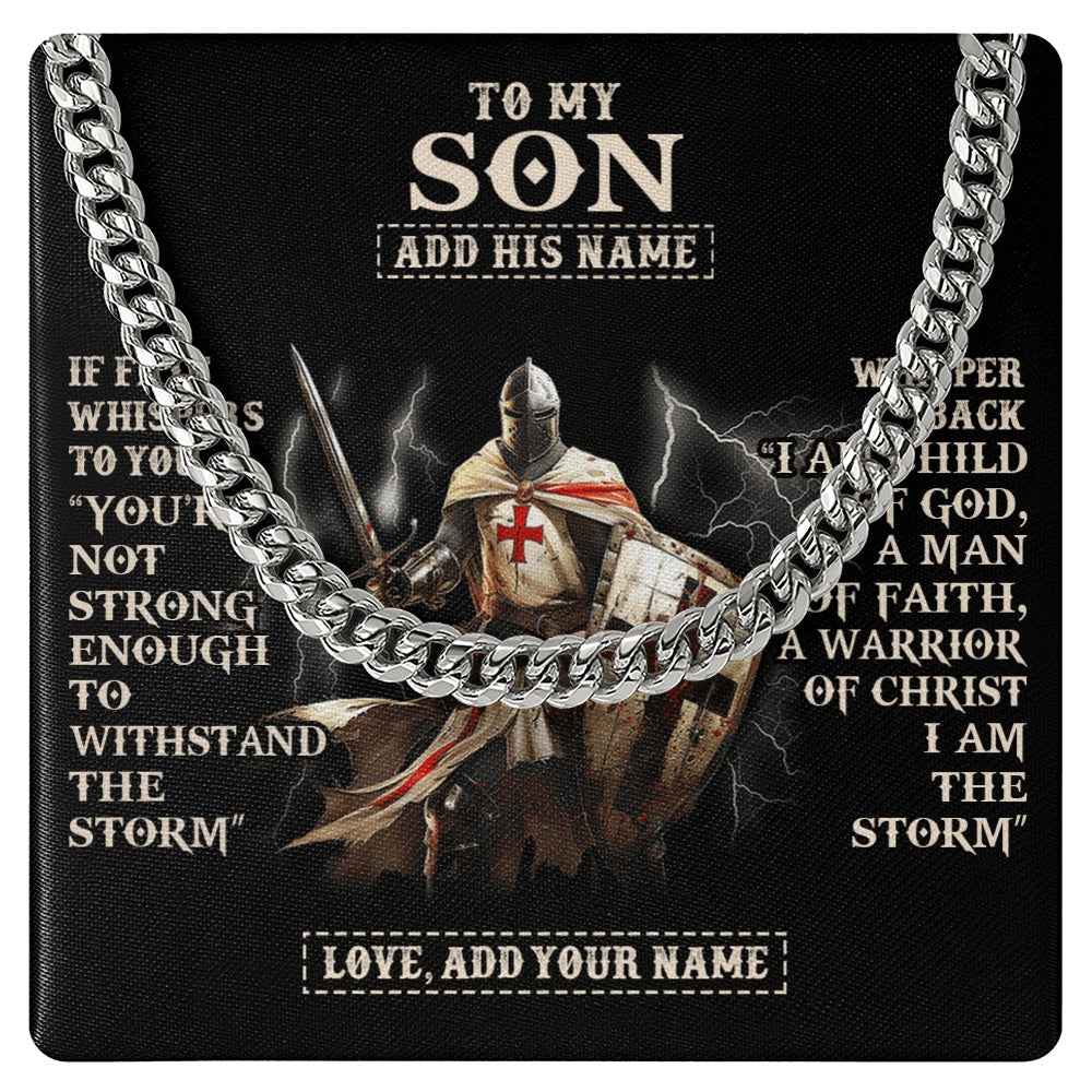 Cuban Link Chain Necklace Stainless Steel | 1 | Personalized To My Son Necklace From Dad Mom For Men Warrior Knight Templar I Am The Storm Birthday Gifts For Son Graduation Christmas Gift Box Message Card | https://siriusteestore.