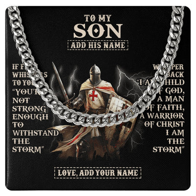 Cuban Link Chain Necklace Stainless Steel | 1 | Personalized To My Son Necklace From Dad Mom For Men Warrior Knight Templar I Am The Storm Birthday Gifts For Son Graduation Christmas Gift Box Message Card | https://siriusteestore.