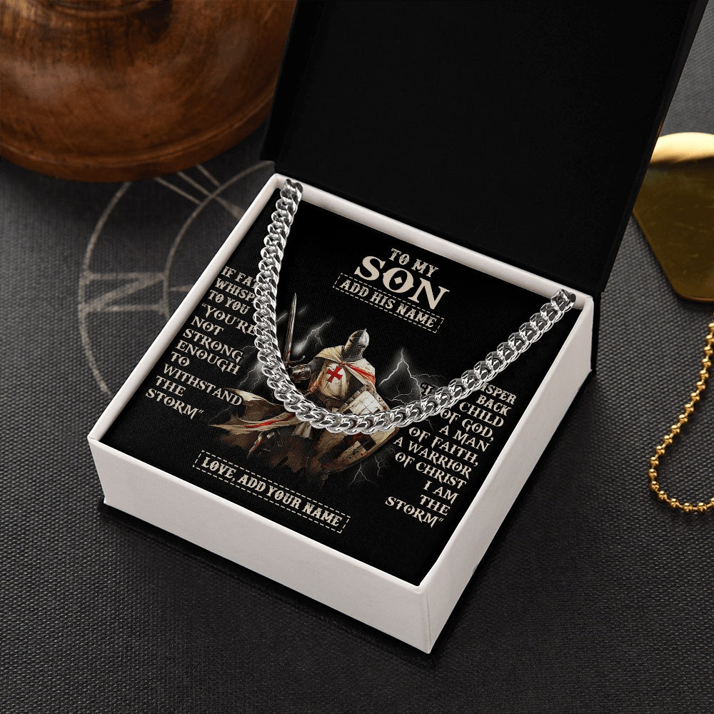 Cuban Link Chain Necklace Stainless Steel | 2 | Personalized To My Son Necklace From Dad Mom For Men Warrior Knight Templar I Am The Storm Birthday Gifts For Son Graduation Christmas Gift Box Message Card | https://siriusteestore.
