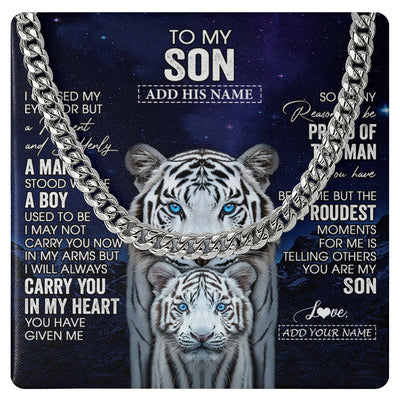 Cuban Link Chain Necklace Stainless Steel | 1 | Personalized To My Son Necklace From Mom Dad I Close My Eyes White Tiger Birthday Gift For Son Graduation Christmas Custom Jewelry Gift Box Message Card | https://siriusteestore.